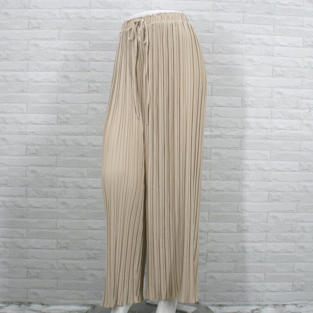 Pants Plisse Pleated Full Wide Leg Palazzo Trousers Neutral Tan Gen Z Relaxed M